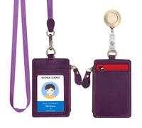 Wonderpool Cuero Colgantes Tarjetas identificación Tarjetero Cremallera billetera ranuras con Correa para Cuello Lanyard & Llavero Extensible Retractil Para ID Oficina Escuela Monedas Llave (Púrpura)