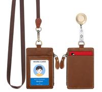 Wonderpool Cuero Colgantes Tarjetas identificación Tarjetero Cremallera billetera ranuras con Correa para Cuello Lanyard & Llavero Extensible Retractil Para ID Oficina Escuela Monedas Llave (Marrón)