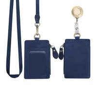 Wonderpool Cuero Colgantes Tarjetas identificación Tarjetero Cremallera billetera ranuras con Correa para Cuello Lanyard & Llavero Extensible Retractil Para ID Oficina Escuela Monedas Llave (Azul)