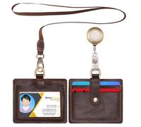 Wonderpool Cuero Porta Tarjetas Identificación horizontal Ranuras con cordón desmontable y clip retráctil para tarjetas tarjetero de ID y licencia de conducir (Café)