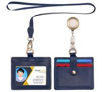 Wonderpool Cuero Porta Tarjetas Identificación horizontal Ranuras con cordón desmontable y clip retráctil para tarjetas tarjetero de ID y licencia de conducir (Azul)