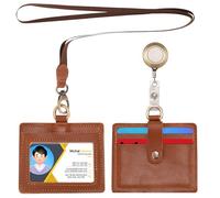 Wonderpool Cuero Porta Tarjetas Identificación horizontal Ranuras con cordón desmontable y clip retráctil para tarjetas tarjetero de ID y licencia de conducir (Marrón)