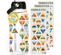 Wondery USA National Parks Botella de agua con 63 calcomanías impermeables de parques (EE.UU.), botella de agua de acero inoxidable de 32 onzas para viajes, senderismo, camping, regalos de parque