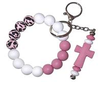 WonderYi Llavero de silicona con cuentas de pulsera para llaves de coche con cruz de Jesús para mujer, Luz roja