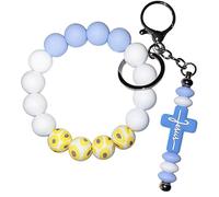 WonderYi Llavero de silicona con cuentas de pulsera para llaves de coche con cruz de Jesús para mujer, Azul