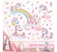 wondever Pegatinas de Pared Arcoíris Castillo Adhesivos Decorativos Unicornio Globos Nubes Mariposa Vinilos Pared para Habitación Infantiles Niños Bebés Guardería