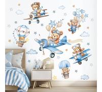 wondever Pegatinas de Pared Avión Animales Oso Adhesivos Pared Decorativos Globos Aerostáticos Oso Nubes Vinilos Pared para Habitación de Niños Bebé Guardería Dormitorio