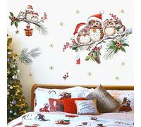 wondever Pegatinas de Pared Búho Navidad Ventana Vinilos Decorativos Aves en Rama Árbol de Navidad Vinilos Pared para Habitación Infantiles Decoración Navideña