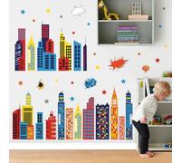 wondever Pegatinas de Pared Ciudad Silueta Colorido Adhesivos Pared Decorativos Skyline de la Ciudad Edificio Estrellas Vinilos Pared para Habitación Infantiles Dormitorio Cuarto de Jugar