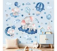 wondever Pegatinas de Pared Elefante Durmiendo Luna Azul Adhesivos Decorativos Globos Aerostáticos Nubes y Estrellas Vinilos Pared para Habitación Bebés Dormitorio Guardería