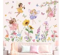 wondever Pegatinas de Pared Hada Flores Niñas Adhesivos Decorativos Floral Girasol Mariposas Vinilos Pared para Habitación Infantiles Niña Bebés Guardería