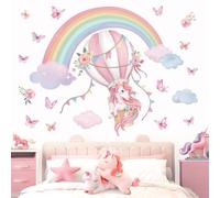 wondever Pegatinas de Pared Unicornio y Arcoiris Adhesivos Decorativos Globos Aerostáticos Rosa Mariposa Vinilos Pared para Habitación Niña Infantiles Bebés Guardería