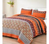 WONGS BEDDING Juego de edredón Bohemio tamaño King, Color Naranja Quemado, Bohemio, a Rayas, Patchwork, Juego de Colcha de Verano con 2 Fundas de Almohada, Juego de Ropa de Cama Floral de Microfibra