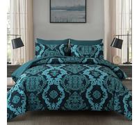 WONGS Bedding Juego de edredón de 7 Piezas Color Verde Azulado, Juego de Ropa de Cama de Damasco, YS01AB091354K7U-A