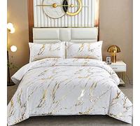 WONGS BEDDING Juego de edredón de mármol metálico Dorado Blanco con Estampado de Purpurina y 2 Fundas de Almohada para Todas Las Estaciones, Juego de edredón de Microfibra Suave de 90 x 90 Pulgadas