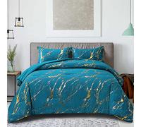 WONGS Bedding - Juego de Funda nórdica con Estampado de mármol Verde Azulado y Dorado Metalizado Brillante, tamaño King, 2 Fundas de Almohada, Relleno de Microfibra Suave, 262 x 229 cm