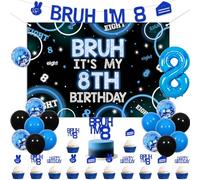 Wonmelody Blue Bruh It's My 8th Birthday Decor Bruh It's My 8th Birthday telón de fondo Banner Bro I'm 8 Cake Cupcake Topper Funny 8th Bday Supplies for 8 Year Old Blue Bday Bday