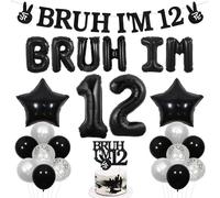 Wonmelody Bruh It's My Birthday Decor Black Bruh I'm 12 Birthday Decor Balloon Banner Bro I'm 12 Cake Topper Star Balloon Cheers to 12th Years Funny Happy Twelfth Bday Supplies for Teen Boy 12th Party