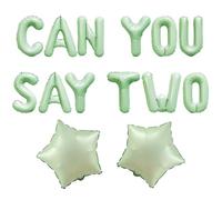 Wonmelody Can You Say Two - Juego de globos de aluminio verde para fiesta de segundo cumpleaños con texto en inglés "Can You Say Two Balloons and Star Globs" con temática de dibujos animados para