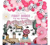 Wonmelody Decoración de cumpleaños de vaquera con texto en inglés "This ain't My First Rodeo Its My Second" - Kit de arco de globos de vaca rosa, globo de aluminio número 2 para vaquera occidental,