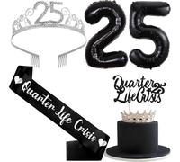 Wonmelody Decoración de cumpleaños número 25 para mujer, banda negra para crisis de cuarto de vida, corona de 25 cumpleaños, regalos de fiesta de cumpleaños 25, decoración para tartas, suministros