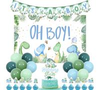 Wonmelody Decoración de dinosaurio para baby shower para niño, azul con Rawr its A Boy, telón de fondo para eclosionar pronto, dinosaurio, baby shower, cupcakes, suministros para Oh Boy Hatching Soon