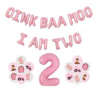 Wonmelody Decoración de fiesta de cumpleaños de animales de granja, decoración de fiesta de cumpleaños de niña rosa Oink Baa Moo I Am Two, globos de granero de burro, globos de granero Moo Moo I Am