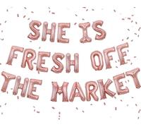 Wonmelody Decoración de fiesta de mercado de agricultores para mujer, color oro rosa, pancarta de globos con texto en inglés "She's Fresh off the Market", decoración de despedida de soltera