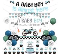 Wonmelody Decoración para baby shower con texto en inglés "A Baby Boy is Almost Here", pancarta de telón de fondo azul It's a Boy con globos negros y verde azulado para celebración temática de