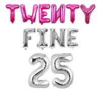 Wonmelody Decoraciones de cumpleaños número 25 para mujer, decoración de cumpleaños de veinticinco años, pancarta fina de veinte pancartas finas color rosa intenso con decoración de globos número 25