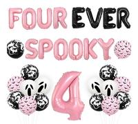 Wonmelody Decoraciones de fiesta de cumpleaños número 4 de Halloween con pancarta de globos espeluznantes rosa y negro, murciélago, calavera fantasma, murciélago y globo número 4, decoraciones