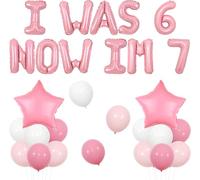 Wonmelody Juego de globos de cumpleaños con texto en inglés "I Was 6 Now I'm 7 Birthday", decoración de fiesta rosa para 7º cumpleaños, incluye globos de papel de aluminio, globos de látex y globos de