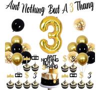 Wonmelody Notorious - Decoración de fiesta de tercer cumpleaños Ain't Nothing But a 3 Thang Banner Cake Cupcake Topper Negro y Dorado Tres Estilo Hip Hop Decoración de fiesta de cumpleaños Globo de