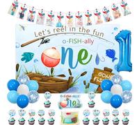 Wonmelody Ofishally One Birthday Decoraciones Ofishally One Let's Reel in the Fun telón de fondo Ofishally One Photo Banner Decoración para tarta de pesca, primer cumpleaños, decoración de fiesta de
