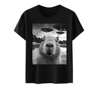 Wonmen's Divertida camiseta gráfica Capybara Selfie con OVNIs extraña camiseta peto mujer, Negro , L