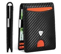 WONSEFOO Cartera para Hombre Slim de Fibra de Carbono con Bloqueo RFID, con Ranuras para Tarjetas de Crédito, Clip para Billetes, Cartera Minimalista Bi-Fold con Caja de Regalo - Negro.