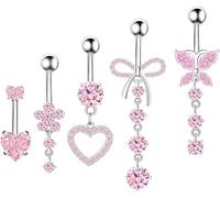 Wonvin Collection 5 barras de ombligo de acero quirúrgico de 14 G, joyería de corazón, mariposa, flor, colgante (rosa 2), Large, Metal, Circonia cúbica