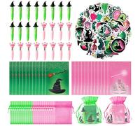 Wood Homing Regalo de papelería de bruja de princesa, paquete de 24 recuerdos de fiesta verde y rosa, bolígrafo de escoba 4 en 1, mini cuadernos, calcomanías y bolsas de regalo de bruja de organza