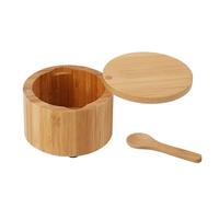 Wood Salt Container Holder, Condiment Storage Box with Lid & Spoon, Rustic Seasoning Cellar to Kitchen Counter, Interactive spices Keeper for Pantry Organization & Cooking Prep 3.54x3.54x2.36 Inches