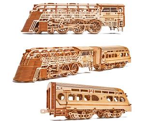 Wood Trick Atlantic Express Tren de Madera 3D para Adultos y Niños para Construir - Recorre hasta 2,7 m - Kit de Modelo de Locomotora Mecánica para Adultos y Niños