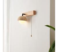 Wood Wall SconceYellow Cave Stone Wall Lighting Fixture with Pull Chain and Milk White Globe Glass Shade, Japanese Style Yellow Travertine Wall Lamp, G9