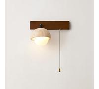 Wood Wall SconceYellow Cave Stone Wall Lighting Fixture with Pull Chain and Milk White Globe Glass Shade, Japanese Style Yellow Travertine Wall Lamp, G9