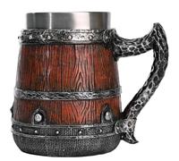 Wooden Barrel Beer Mug,550ml Handmade Medieval Cocktail Mug,Wooden Barrel Stainless Steel Double Wall Coffee Beverage Cup with Handles,Vintage Beer Stein for Bar Home Use,Gift for Men (Brown-A)