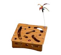 Wooden Cat Puzzle Toy - Cat Toy Box with Balls and Teaser Wand | Mentally Stimulating Kitten Ball and Teaser Wand | for Hunting Play Boredom Prevention, Indoor Outdoor Enrichment, Maze Box with Bell