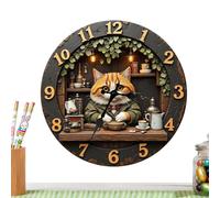 Wooden Cat Wall Clock for Home Decor - Silent Vintage Round Animal Clock, 30cm Cute Cat Theme Wall Decoration for Living Room Bedroom and Farmhouse | Decorative Timepiece for Bar Cafe Office Kitchen