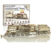 WOODEN.CITY Expreso de Madera con ténder y raíles, Maquetas para Construir Adultos, Puzzle 3D Tren - Idea de Regalo de Escritorio para Adolescentes y Adultos