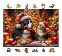 WOODEN.CITY Rompecabezas de Madera de 500 Piezas - Escena Navideña “Perro y Gato Navideños”, 50 Figuras Únicas, Corte Láser de Alta Precisión, Decoración de Temporada