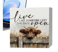 Wooden Cow Sign, Western Farmhouse Decor, 5x5 Inches Animal Table Centerpiece with Rustic Finish, Home Kitchen Sign, Cow Decoration with Farm Style, Decorative Signs for Office Desk Shelf Mantel