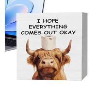 Wooden Cow Sign, Western Farmhouse Decor, 5x5 Inches Animal Table Centerpiece with Rustic Finish, Home Kitchen Sign, Cow Decoration with Farm Style, Decorative Signs for Office Desk Shelf Mantel