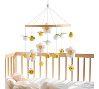 Wooden Crib Mobile - Nursery Hanging Ornament for Infant Decoration | Natural Wood with Pom Poms Flowers Bees, Floral Bee Accents, Lightweight Bassinet Display Toy for Bedroom Stroller Travel